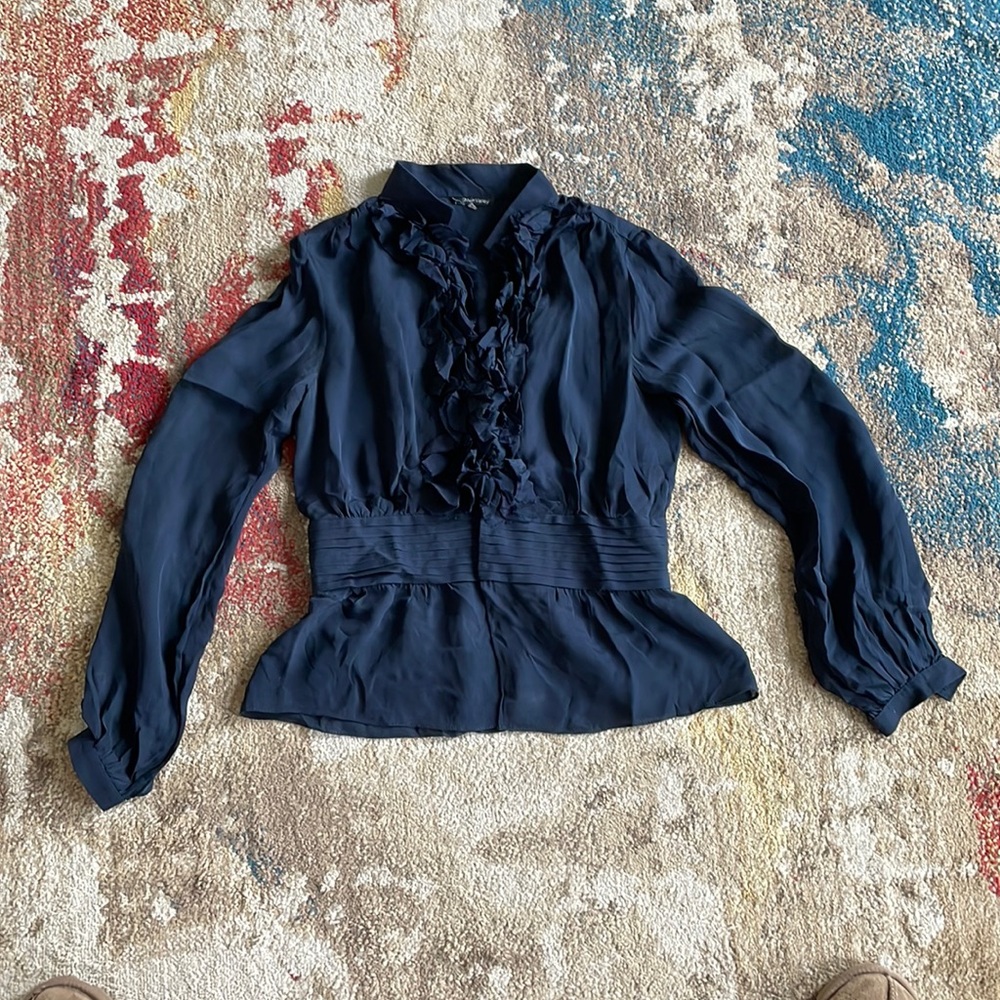 Alvin Valley Navy Ruffle Front Long Sleeve Blouse